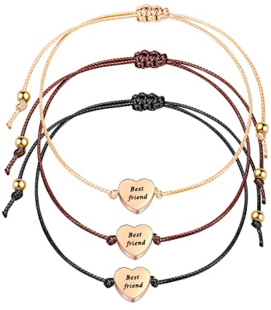 3 piezas oro rosa corazón pulseras de la amistad con el grabado Best Friend para mujeres niñas, el amor señoras de la pulsera de cierre de tela de regalo para mamá mejor amigo BFF cumpleaños Navidad