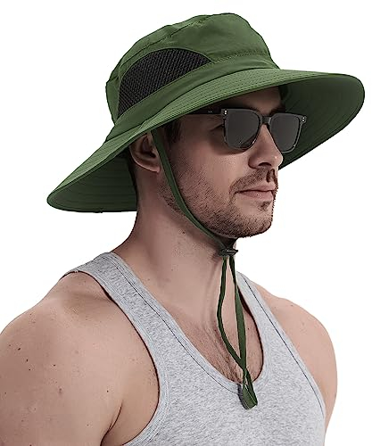 Wmcaps Sonnenhut Herren UV Schutz, Breite Krempe Wanderhut Damen Outdoor, Faltbar Safari Sonnenschutz Hut（Militärgrün）