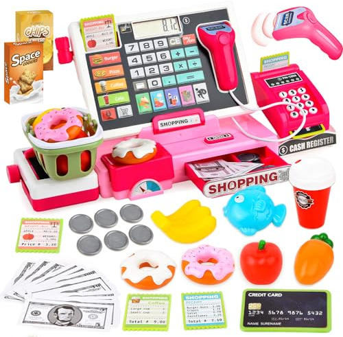 JoyGrow Elektronische Kasse Kinder Rollenspiel Supermarkt Spielzeug Kaufladen Kaufmannsladen Zubehör Registrierkasse Supermarktkasse mit Geld,Lebensmittel, Geschenk für Kinder ab 3 Jahren (Rosa)