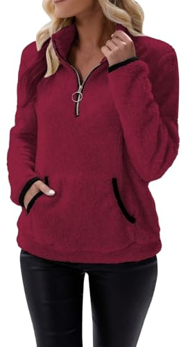 CUTeFiorino Sudadera de forro polar para mujer, de invierno, cuello alto, sin capucha, monocolor, sudadera de manga larga con bolsillos, parte superior con media cremallera, camiseta de manga larga,