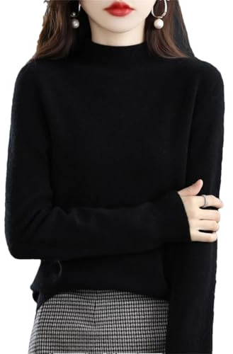 Maglione da donna a collo alto, 100% lana merino, tinta unita, basic, cashmere, maglieria, Nero , M