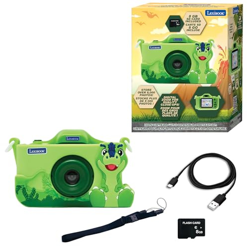 Lexibook, Dinosaurio, Cámara 4 en 1 para niños con protección, Funciones de Foto, Video, MP3 y Juegos, 15 Marcos para Personalizar Tus Fotos, Tarjeta de Memoria de 8 GB incluida, DJ078DINO