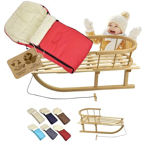 KOMBI-erbjudande träsläde med ryggstöd och dragrep universell vinteråkpåse (90 cm), lämplig för babystol, barnvagn, buggy, ull UNI (röd)