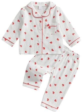 Qianderer Toddler Baby Boy Girl Valentine's Day Pajamas Heart Print Long Sleeves Shirt and Elastic Pants for Loungewear Sleepwear (Ba Red, 18-24 Months)
