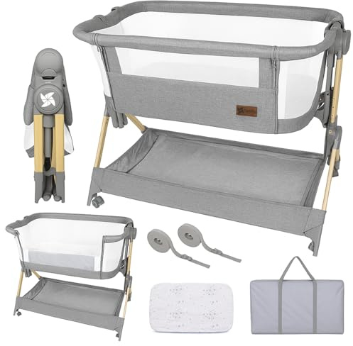 Twinly – Beistellbett Baby Comfortly mit Rollen | Klappbar & Höhenverstellbar (5 Stufen), Atmungsaktiv ab 0+ Monate bis 9 kg, inkl. Matratze, Laken & Tasche – Ohne Montage (Holzfarben)