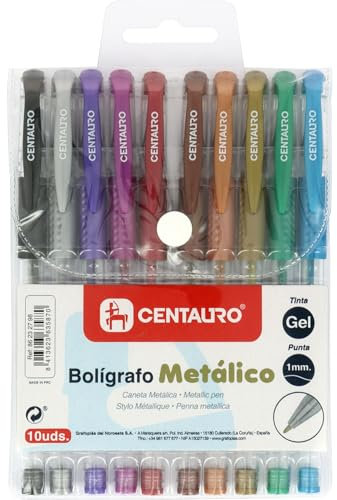 Centauro - Pack 10 Boligrafos Gel de Colores Metalic, Trazo Medio, 1mm, Cómodo Agarre de Goma, Perfecto como Material Escolar para Escribir y Dibujar