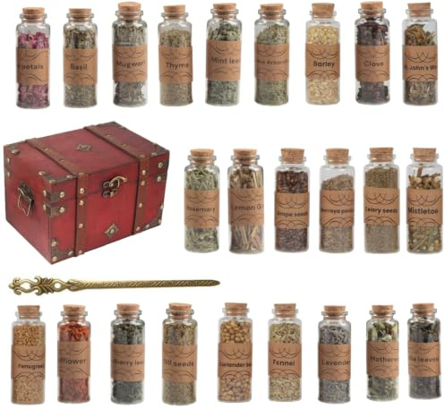 Set av Naturliga Torkade Örter – 100% Aromatiska Växter i Glasflaskor med Propp & Vintage Klämma – Presentset för Ritual, Häxa, DIY, Aromaterapi, Dekor (24 Flaskor med Örter)