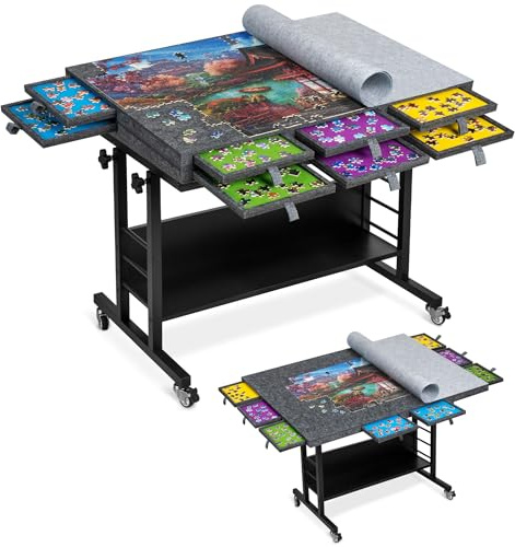 Tektalk 2000 Piece Foldable Felt Jigsaw Puzzle Board with Height Adjustment, Puzzle Table with 2 Felt Cover & 8 Sorting Trays/Drawers, Easel with Legs, Enclosed with 4 Roller Wheels - Dark Gray | Puzzle Table with Height Adjustment, 2 Felt Cover & 8 Sorting Trays/Drawers, Easel with Legs, Enclosed with 4 Roller Wheels
