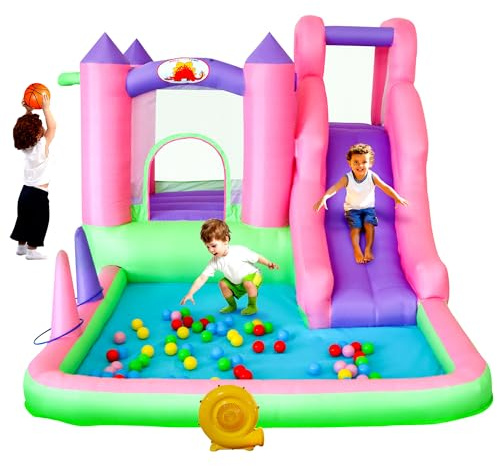 WELLFUNTIME Inflatable Bounce House with Blower, 7 in 1 Bouncy Castle with Slide, Ball Pit, Basketball Hoop, Ringtoss, Jumping Castle for Kids Ages 3-6, 121x76x64 Inch
