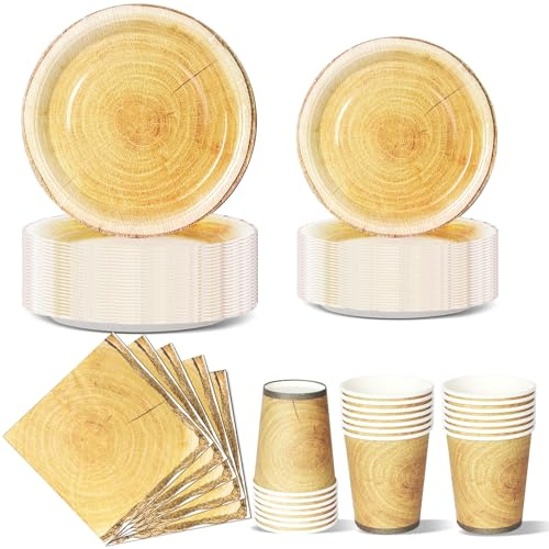 Nkaiso Anniversaire Vaisselle de fete 96 Pièces Grain de bois Party Assiettes en Papier Set Assiettes de Fête Jetables Papier Tasses Serviettesr, pour Barbecue les Fêtes les Pique-niques -24 Invités