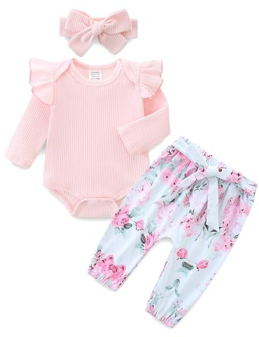 KIDDLETOWN Set di vestiti per neonati, 3 Pezzi Completo Neonata Elegante Tutina Maniche Lunghe+Pantaloni+Fascia, body per neonati Body Tutina Neonato Femmina con volant 0-12 mesi