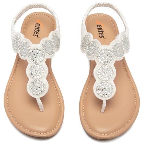 Veittes Women's Bohemian Bling Flat Slide Sandals - Casual Summer Thong Sandals with Rhinestone Decor, Rubber Sole, Lightweight & Comfortable Ankle StrapThong Summer Sandals.(7004,WT/MF,6.5)