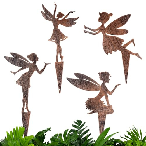 4 pezzi di decorazioni in ruggine per giardino, decorazione da giardino, decorazione in ruggine con fate, decorazione da giardino, spina in ruggine, in metallo, resistente alle intemperie, decorazione
