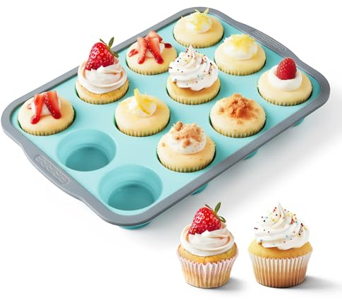 SIWOKJJO Silicone Muffin Pan for Baking with Metal Reinforced Frame, Nonstick 12 Cups Silicone Muffin Trays, Easy to Pop Cupcake Baking Pan Molds for Oven Dishwasher Safe Making Muffins, Cupcakes