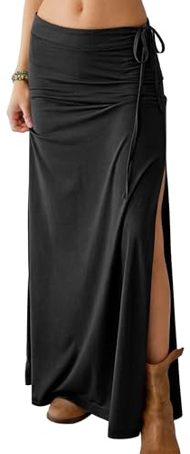 ANRABESS Womens High Waisted Side Slit Maxi Skirts, Black, L