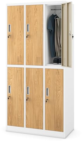 Jan Nowak Armoire vestiaire métallique 6 casiers verrouillables Acier Robuste avec Tringle Ventilation Rangement vêtements 90 x 185 x 45 cm Blanc chêne doré