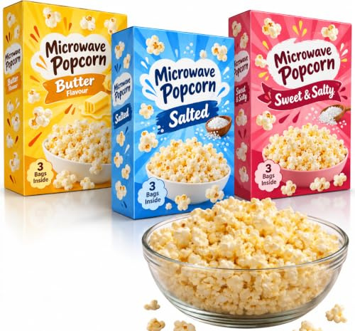 Microwave Popcorn (9x85g) - Salted, Butter, Sweet & Salt Pop Corn Kernels | microwave popcorn Ready in Minutes Tasty Snack for Family Movie Nights, sweet and salty popcorn bags