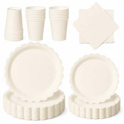 PYAILI Set di posate in colore crema, composto da 96 pezzi: piatti, tovaglioli, bicchieri e tappeti da tavolo. Ideale per feste di compleanno per bambini e banchetti, può ospitare fino a 24 ospiti.