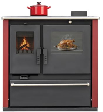ALAZ GP8M PLUS INOX kamin 8 kW, träspis med ugn, vedeldad spis med spisplatta och träfack, köksspis, verkstadsugn trä, vinröd