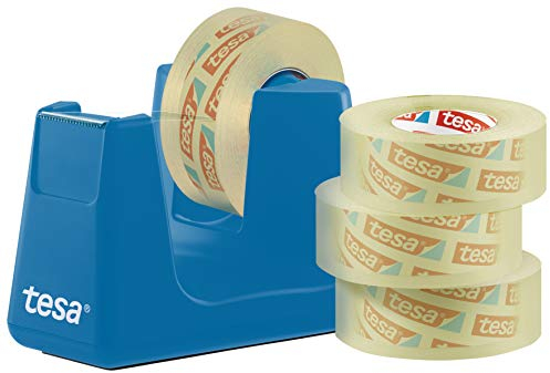 tesa Easy Cut SMART Tape Dispenser for Tables - Compact Tabletop Dispenser with Anti-Slip Technology for Adhesive Tape, incl. 4 rolls of tesafilm transparent