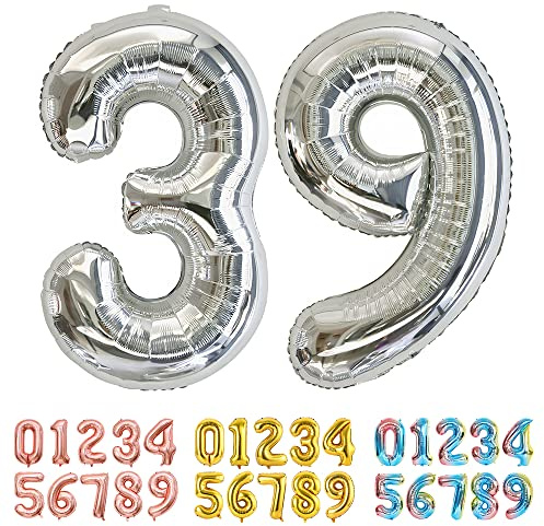 Ponmoo Foil Balloon Number 39/93 Silver, Giant Numbers 0 1 2 3 4 5 6 7 8 9 10-19 20-29 30-39 40-49 50-60-70-80-90-100, Large Balloons for Wedding Anniversary Birthday Party Decoration