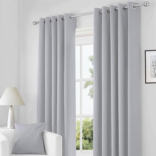 RayyanLinen Readymade Blackout Thermal Eyelet Ring Top Pair of Curtains Including 2 Tiebacks (GREY SILVER, Width 46 x Drop 72)