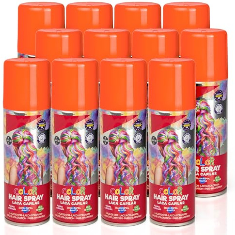 Pack 12 Laca de Pelo Color Naranja 125ml - Spray Colores para Cabello Rápida coloración, Lavable