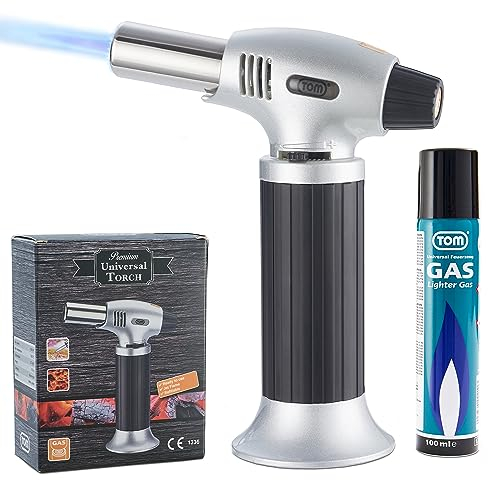 TOM Creme Brulee Brenner - MIT Gas befüllt – inkl. 1 x 100 ml Gas Kartusche zum Nachfüllen – Bunsenbrenner mit 1300°C Flamme – Küchenbrenner , Camping & Werkstatt – Flambierbrenner Küche
