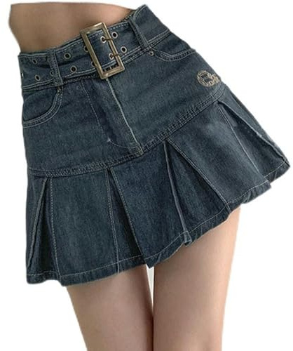 AYAZER Jupe en Jean plissée Taille Haute d'été en Forme de Poire Couvrant la Jupe trapèze Amincissante-Bleu-S