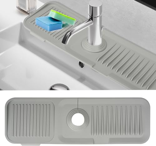 Silicone Sink Faucet Mat, Kitchen Sink Splash Guard, Silicone Draining Mat Around Tap for Sink, Flexible Kitchen Sink Guard Faucet Handle Drip Catcher Tray for Bathroom Countertop Caravan (Grey)
