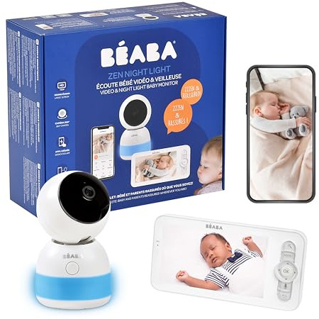 BÉABA, Babyphone, Baby Video Monitor, Applicazione Mobile, Telecamera HD, Rotazione a 360°, Visione e Luce Notturna, Walkie-Talkie, Ninnananne, Controllo Temperatura e Umidità, Zen Night Light Blanc