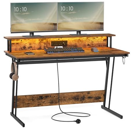 VASAGLE Gaming Desk with LED Lights and Built-In Power Outlets, Computer Desk with Monitor Shelf, Gaming Table for 2 Monitors, Office Desk, for Bedroom, 55 x 135 x 76 cm, Rustic Brown LWD118K01
