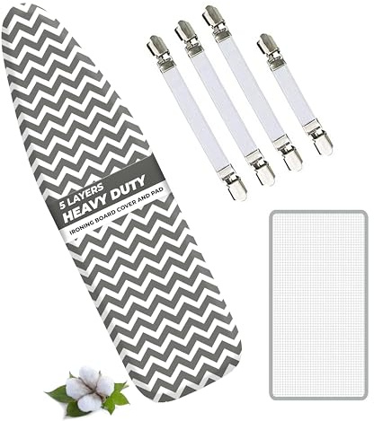 EcoNour Ironing Board Covers 124 x 38 cm Extra Thick 7mm Padding, 100% Cotton Top Covers Easy-Fit for Protecting Ironing Board Cover Complete Set with 4 Strings and Scorch Resistant Padding - Large