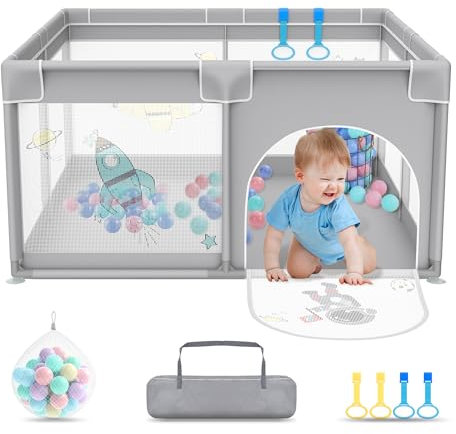 UISEBRT Laufstall Baby 127x127cmLaufgitter für Baby mit 50 Ocean Bällen & 4 Zugringen & Tragetasche, Faltbar Laufgitterzelt mit Atmungsaktivem Netz für Kinder, Grau mit Astronautenmotiven