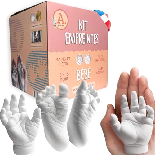 Kit Huellas Bebe – 4 huellas de yeso para manos y pies de bebé – 100% artesanía francesa – ideal para cumpleaños, Navidad, bautizo, producto 100% natural – Marca Ancrer®