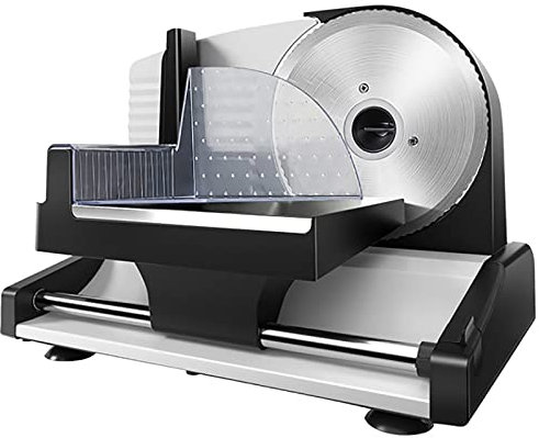 Cortadora de carne, cortadora eléctrica de alimentos para fiambres, 200 W, cuchilla de acero inoxidable extraíble de 19 cm y carro para alimentos, cortadora de alimentos de grosor ajustable de 0 a 1
