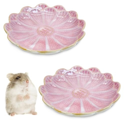 BNOSDM Shallow Ceramic Hamster Food Dish 2 Pcs Small Animals Food Bowl Sunflower Feeding Dishes for Gerbils Mice Rats 4.5in (Pink)