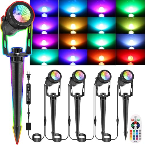 GreenClick 15M Garden Spot Lights Mains Powered, RGB Color Changing Garden Spike Lights,IP65 Waterproof Outdoor Uplighter,12V Timer Memory Remote for Wall Yard Landscape Christmas,Holiday(4Pack 12W)
