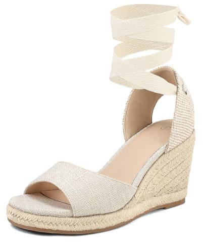 mysoft Sandali da donna con zeppa, punta aperta, espadrillas con plateau, cinturino alla caviglia, scarpe estive con lacci, Beige, 36 EU
