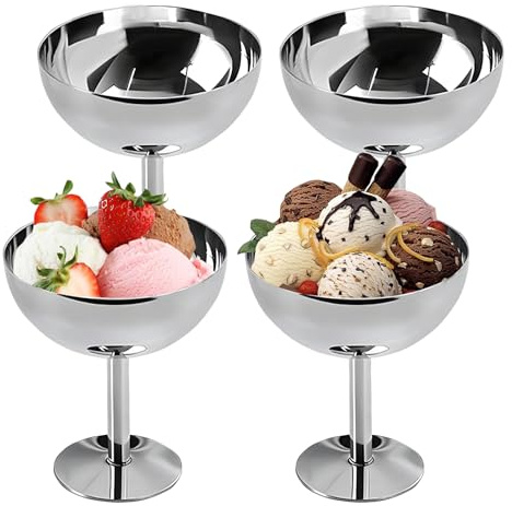 4 stycken glassbägare i rostfritt stål – Ø 10 cm, 200 ml dessertskål i rostfritt stål, Ice Cream Sundae dessertglas, cocktailglas med fot, för fruktsallad, yoghurt och fruktpudding, för bröllop