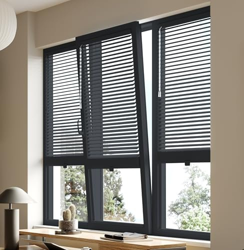 Premium British Made to Measure Grey (Anthracite) Wood Venetian Blinds | No Drill Blinds for Windows & Doors – Stick Fit | Easy Fit Adhesive – Thermal, Cordless, UK Made & Child Safe
