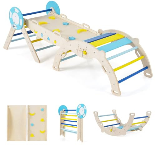 RELAX4LIFE Set da Arrampicata per Bambini, Triangolo di Arrampicata con Scivolo e Arco, Gioco di Incastri in Legno, Gioco Montessori per Bambini 1+ Anni (Marinaio-3 Pezzi | Macaron)