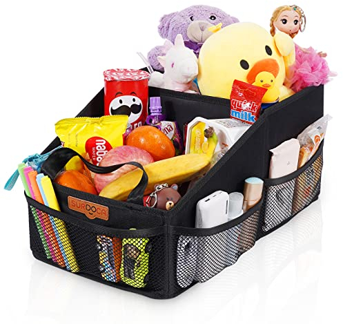 SURDOCA Car Seat Organiser for Front or Backseat, Travel Storage Accessories for Kids, Backseat Organiser with Tray for Toys, Snacks, Cups, Books, Tissue, Tidy and Clean