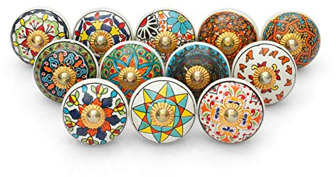 Craft Trade Door Cabinet Knobs for Dresser Drawer Assorted Multicolor Vintage Closet Ceramic Knob Colorful Pull Handles Cupboard Wardrobe Knobs for Kitchen Furniture Home Décor - Pack of 12