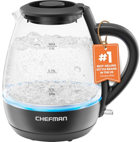 Chefman 1L Electric Tea Kettle with LED Lights, Automatic Shut Off, Removable Lid, Boil-Dry Protection, Hot Water Electric Kettle Water Boiler, Electric Kettles for Boiling Water