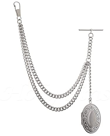 Holy Sins Jewellery Handgefertigt in Großbritannien, silberfarbene Albert-Taschenuhr-Kette mit ovalem Medaillon-Anhänger, silber, 12