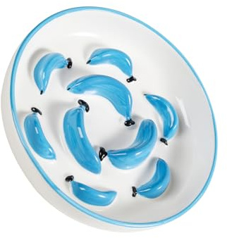 Comedero Antivoracidad para Gatos de Cerámica - Cuenco con Laberinto para Alimentación Lenta - Bol de Comida en Colores Vivos - Azul - 16 x 3 cm