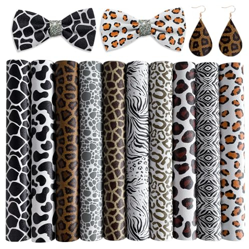 10 pièces de similicuir avec motif animal, similicuir pour DIY, élastiques pour cheveux et fournitures artisanales, accessoires pour sac à main - 20 x 30 cm