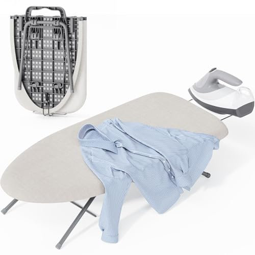 KINGBOARD Small Ironing Board with Iron Rest, Extra Thick Cover 30x12 Beige