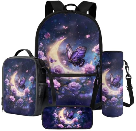 Poceacles 4 Pcs Backpack Set with Pencil Case Lunch Bag Water Bottle Carrier Large Capacity Schoolbag Teen Girls School Bag Stationery Organizer for School Supplies, Violet Butterfly Rose Moon